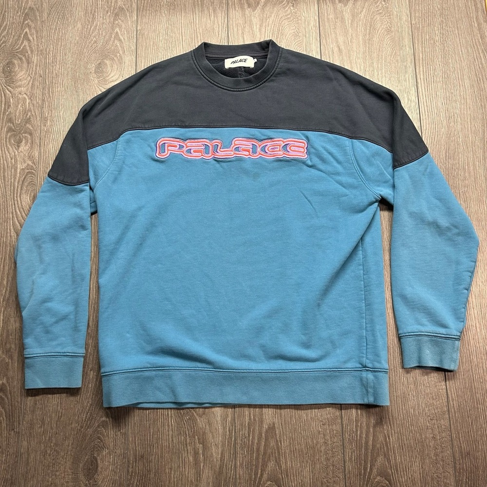 Palace Skateboards Large Colorblock Embroidered Logo Sweatshirt Blue Grey Mens